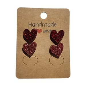 Red Glitter Double Heart Acrylic Stud Earrings, 2 Pair